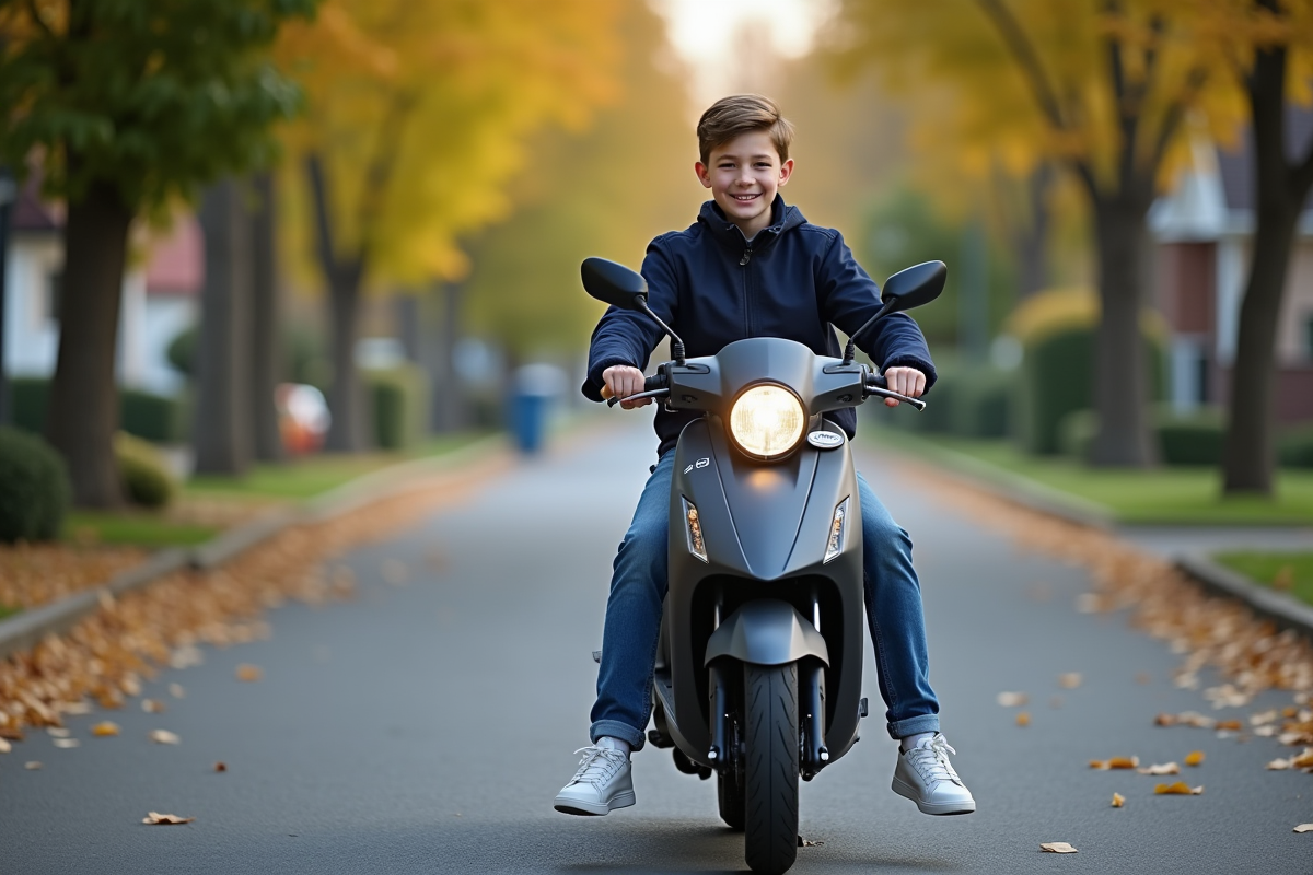 Jeune garçon sur scooter en automne dans la rue