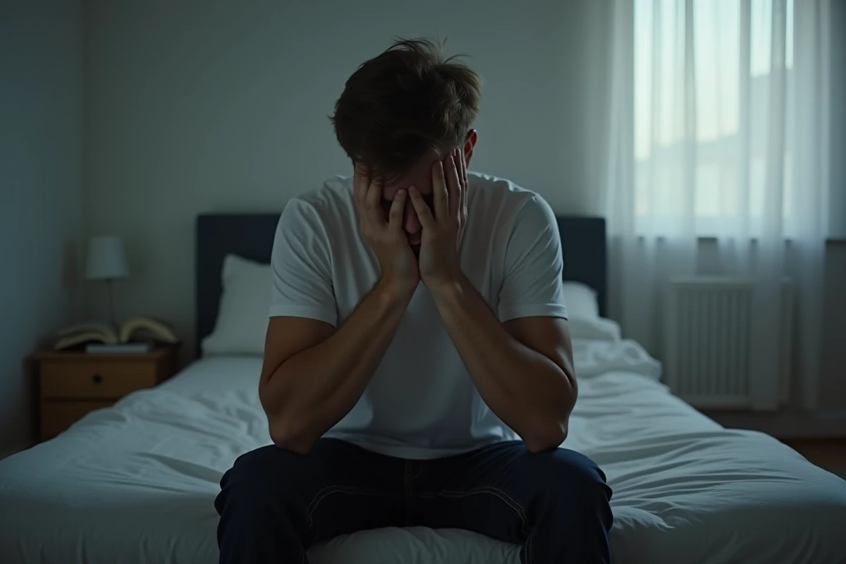 Jeune homme seul assis au bord d'un lit défait, visage dans les mains, dans une chambre sobre, illustrant la tristesse et la solitude choisie ou subie