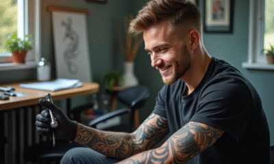 Jeune homme souriant regardant son bras tatouage Maori dans un studio moderne