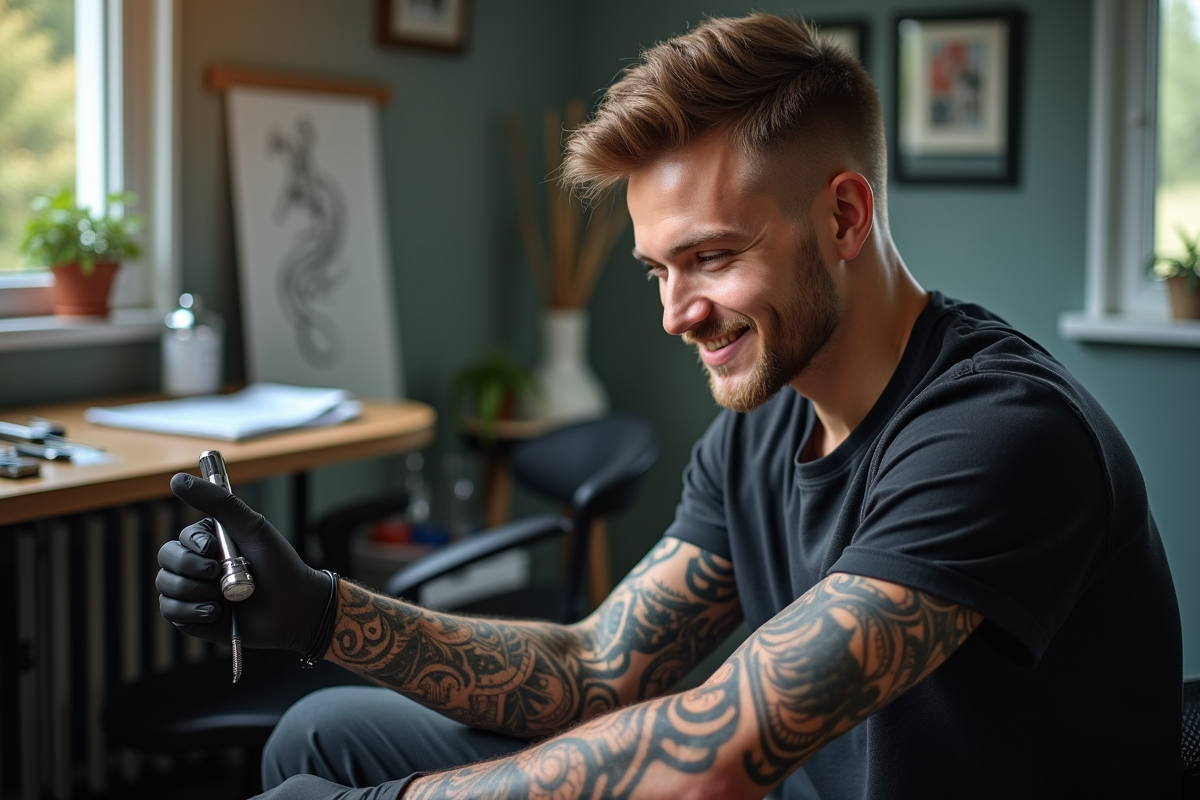 Jeune homme souriant regardant son bras tatouage Maori dans un studio moderne