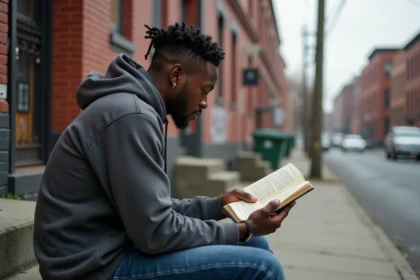 Jeune homme noir lisant des paroles de Gangstas Paradise