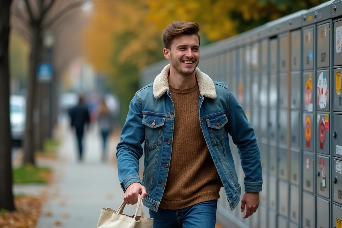 Jeune homme dehors près d’un casier à colis urbain