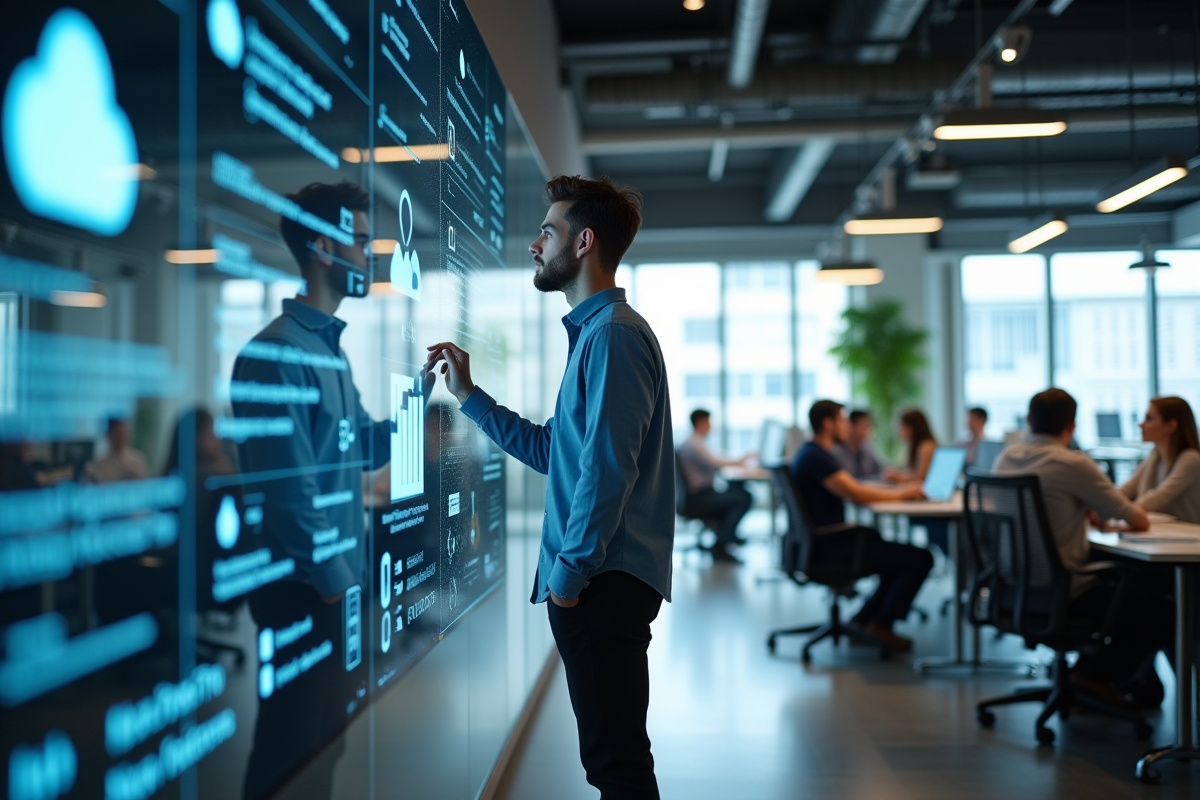 Jeune homme dans coworking avec affichage de batterie
