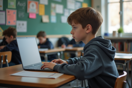 Jeune garçon concentré sur son ordinateur dans une salle de classe moderne
