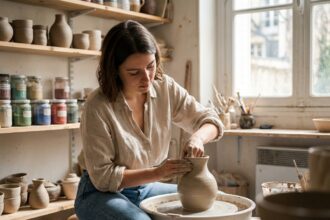 Jeune femme parisienne façonnant un vase en argile dans un atelier