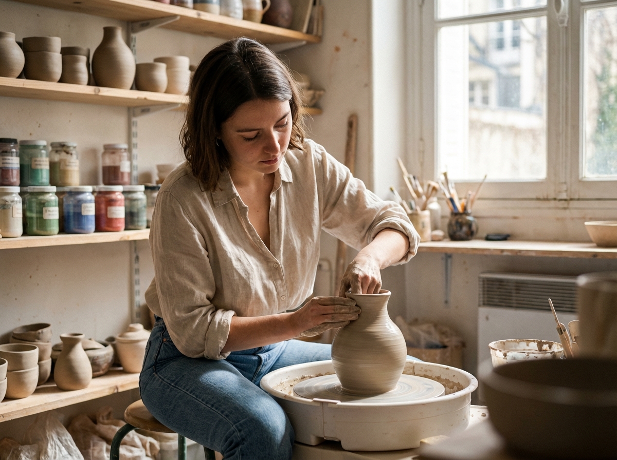 Jeune femme parisienne façonnant un vase en argile dans un atelier