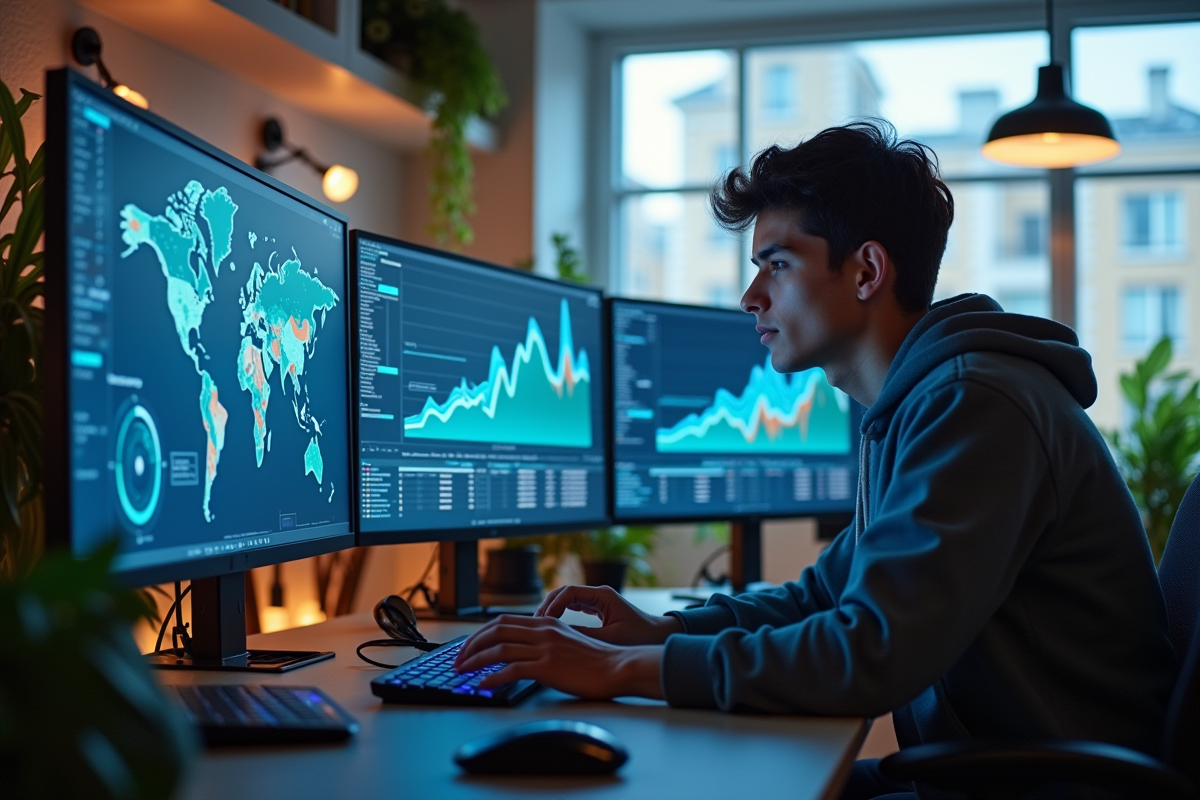 Jeune professionnel travaillant sur plusieurs écrans avec graphiques et données futuristes