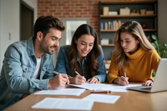 Trois jeunes adultes discutent de contrats de location dans un appartement lumineux