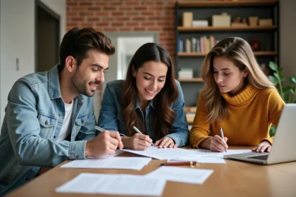 Trois jeunes adultes discutent de contrats de location dans un appartement lumineux