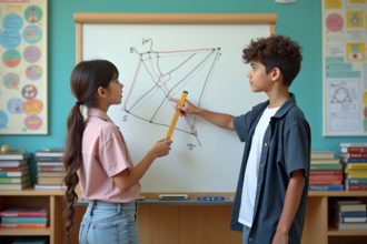 Adolescents en discussion devant un tableau blanc en classe