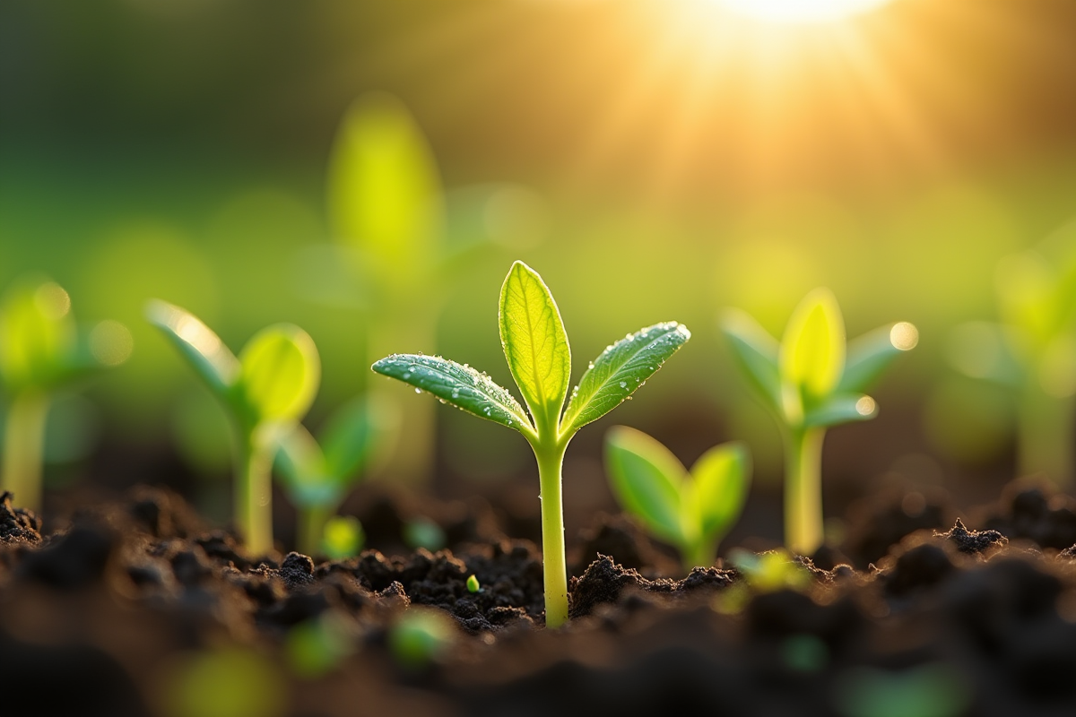 Jeunes plants poussant dans le sol avec mauvaises herbes au matin
