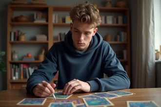 Joueur F2P organisant ses cartes Clash Royale sur un bureau en bois pour optimiser son deck 2026