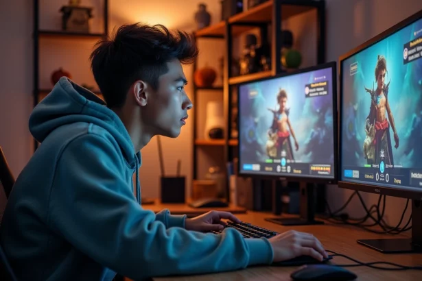 Joueur concentré devant un écran affichant une interface de MMORPG fantasy avec barres d'XP et menus de personnage, illustrant les erreurs courantes pour monter un mineur en Dofus
