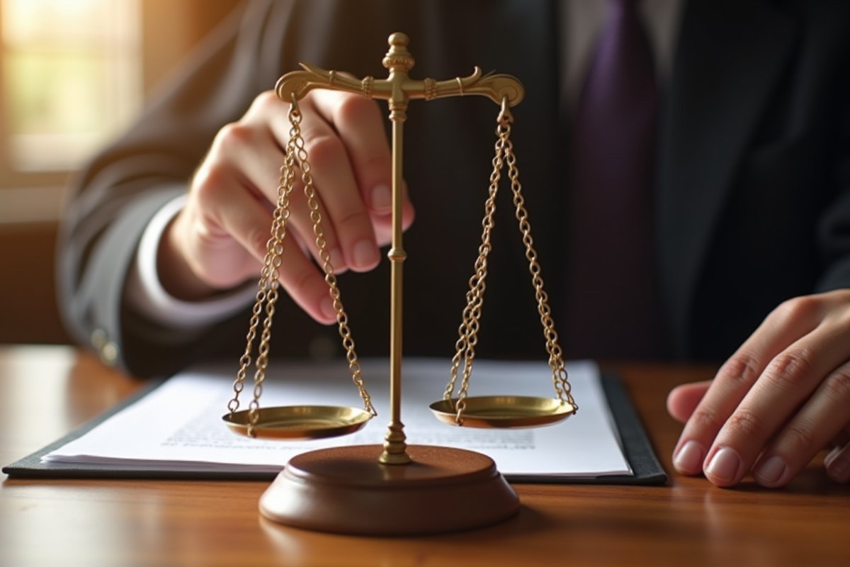 Mains de juge tenant une balance de justice sur un bureau en bois
