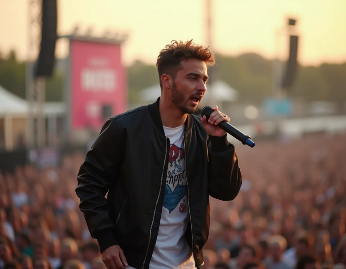 Jules rappeur en performance live sur scène lors d'un festival de musique en plein air dans le sud de la France