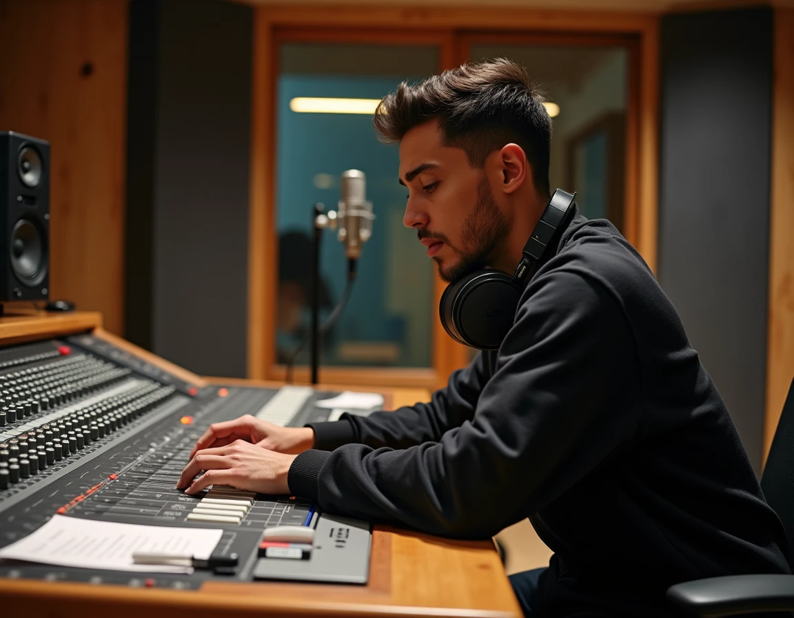 Jules rappeur en studio d'enregistrement professionnel travaillant sur la composition de ses morceaux