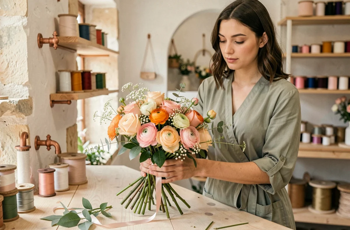 Jeune fleuriste confectionnant un élégant bouquet de renoncules et roses dans la boutique La Bouquetterie à Sarlat-la-Canéda