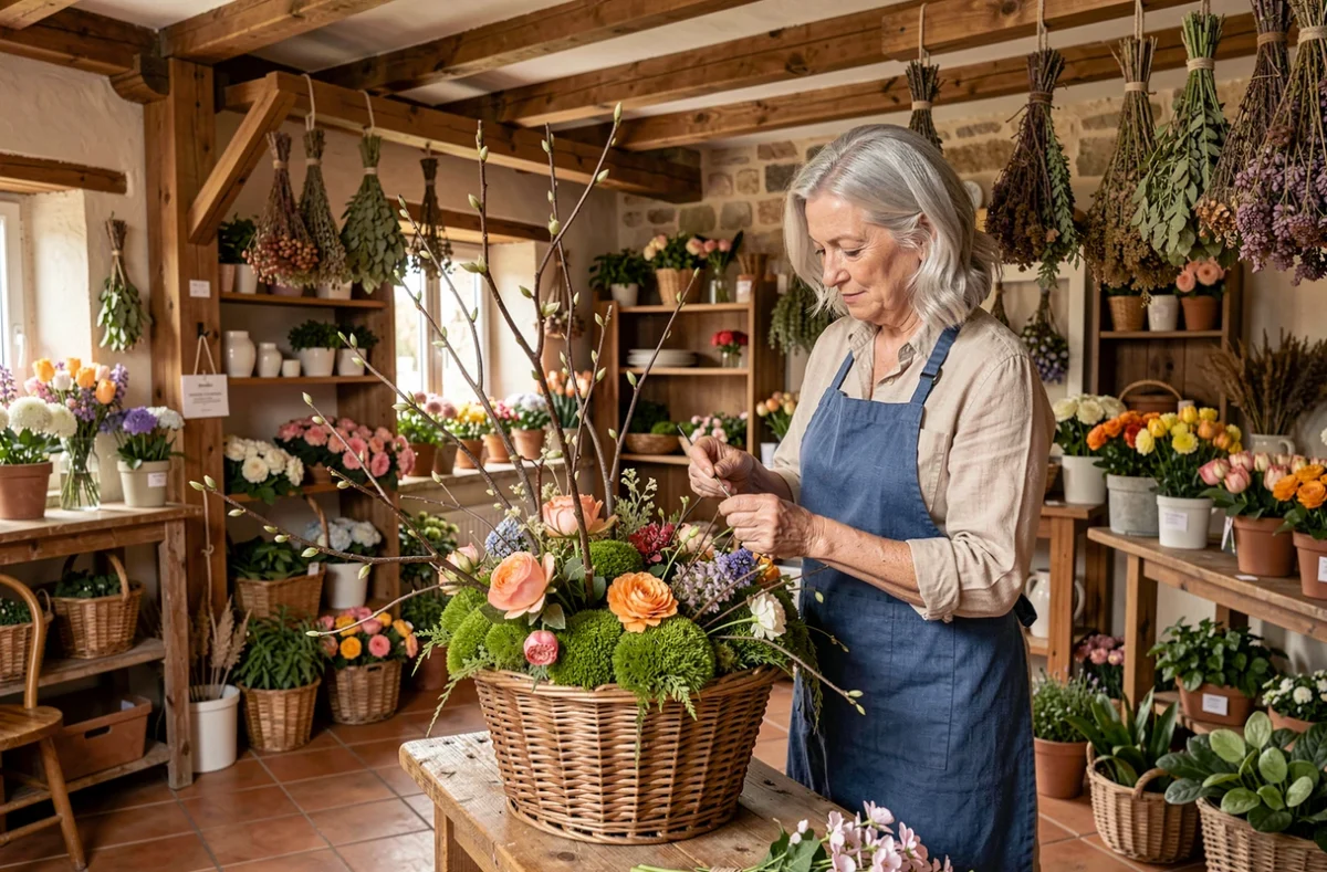 Fleuriste expérimentée de L'Arbre à Fleurs au Bugue créant un arrangement floral naturel avec branches et mousse dans un panier en osier