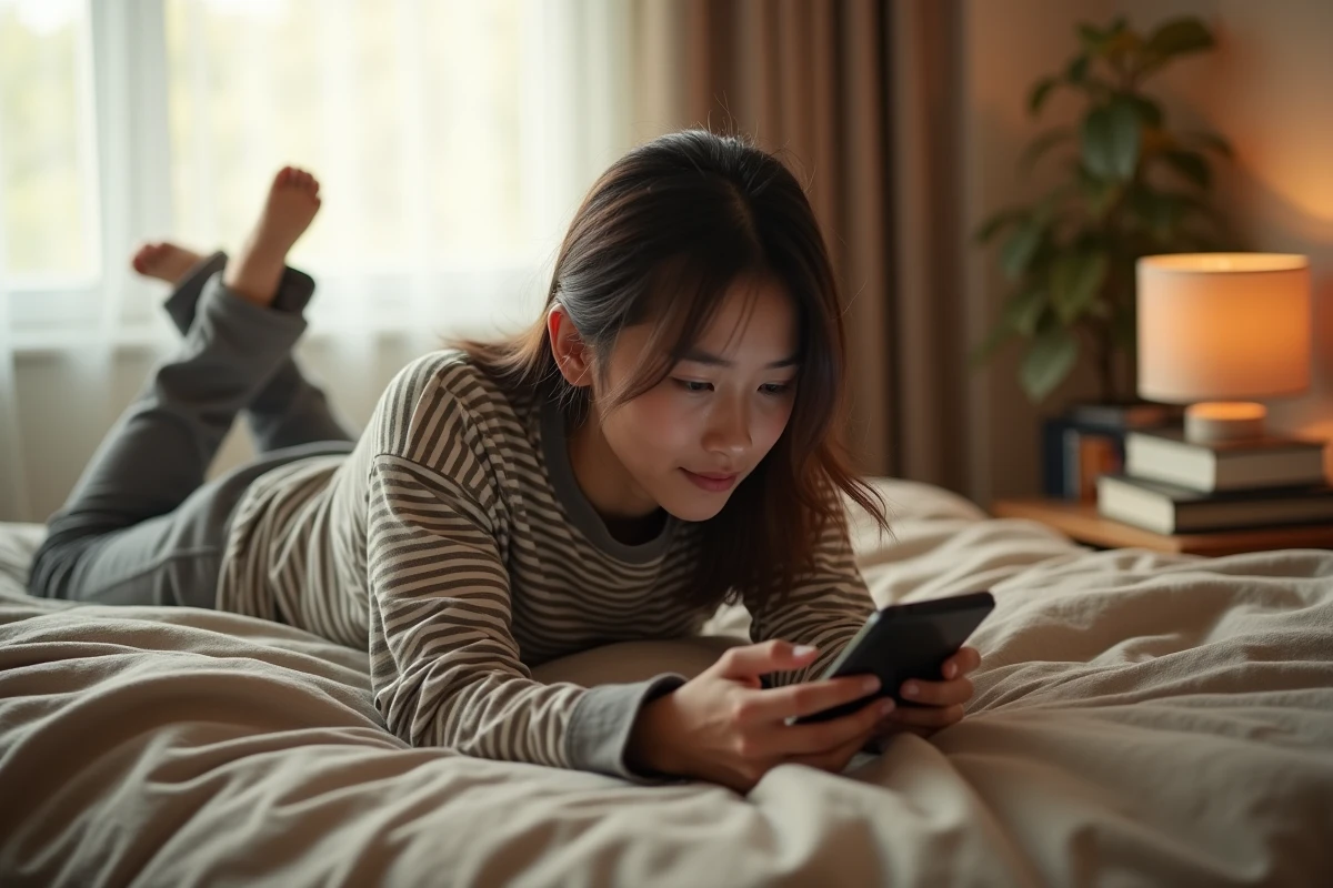 Personne allongée sur un lit lisant des mangas en mode horizontal sur smartphone avec l'appli Kaliscab