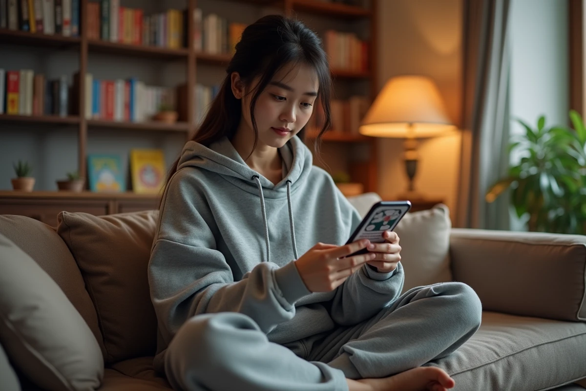 Jeune femme lisant un manga sur smartphone via l'application Kaliscab dans un salon cosy