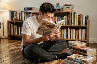 Jeune homme lisant un manga One Punch Man avec intensité dans une chambre encombrée de volumes empilés