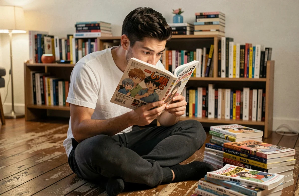 Jeune homme lisant un manga One Punch Man avec intensité dans une chambre encombrée de volumes empilés