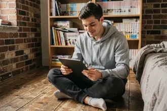 Jeune homme lisant le manga One Piece en mode hors ligne sur une tablette dans sa chambre