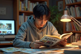 Jeune homme lisant un scan manga One Punch Man sur son bureau encombré de volumes japonais
