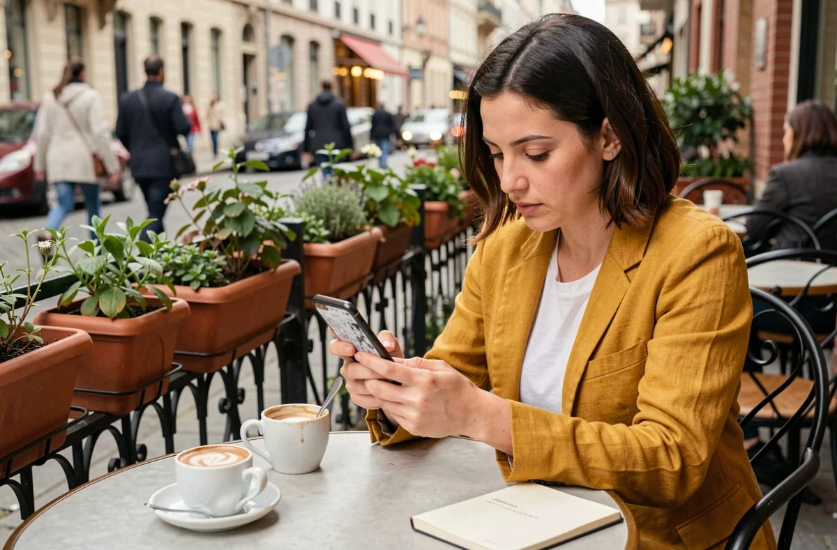 Femme lisant des scans de manga One Piece hors connexion sur smartphone dans un café en terrasse
