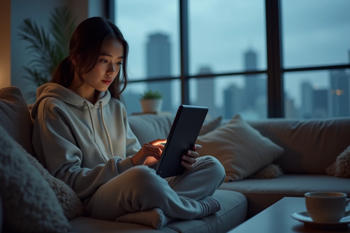 Jeune femme lisant un scan de manga One Piece sur tablette dans son salon moderne
