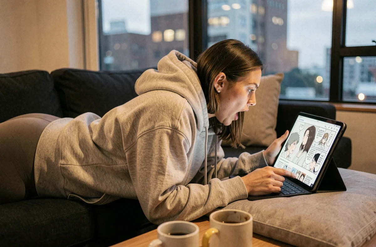 Femme lisant des scanlations de manga sur tablette allongée sur un canapé en soirée