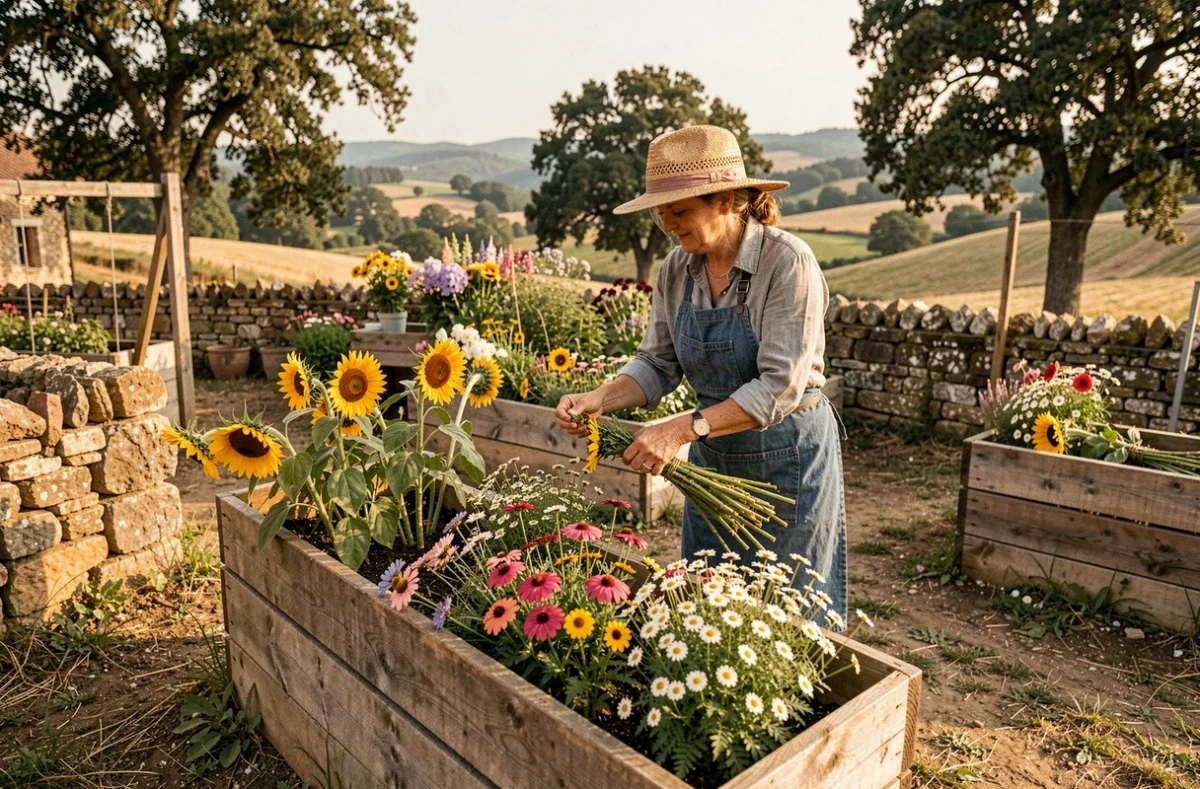 Fleuriste récoltant des tournesols et zinnias dans le jardin de culture de Les Fleurs de la Terre à Siorac-en-Périgord en pleine campagne périgourdine