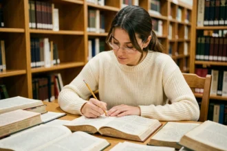 Femme lisant un recueil de poésie d'Alexander Pope en version originale avec des annotations dans une bibliothèque universitaire