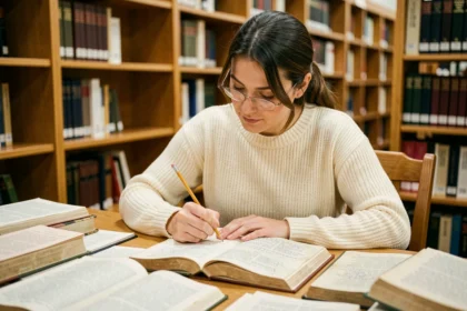 Femme lisant un recueil de poésie d'Alexander Pope en version originale avec des annotations dans une bibliothèque universitaire