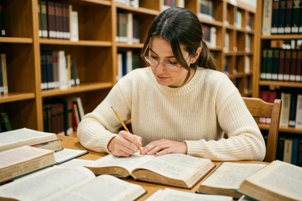 Femme lisant un recueil de poésie d'Alexander Pope en version originale avec des annotations dans une bibliothèque universitaire