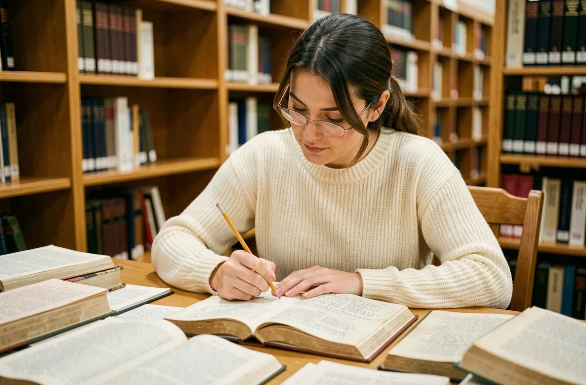 Femme lisant un recueil de poésie d'Alexander Pope en version originale avec des annotations dans une bibliothèque universitaire