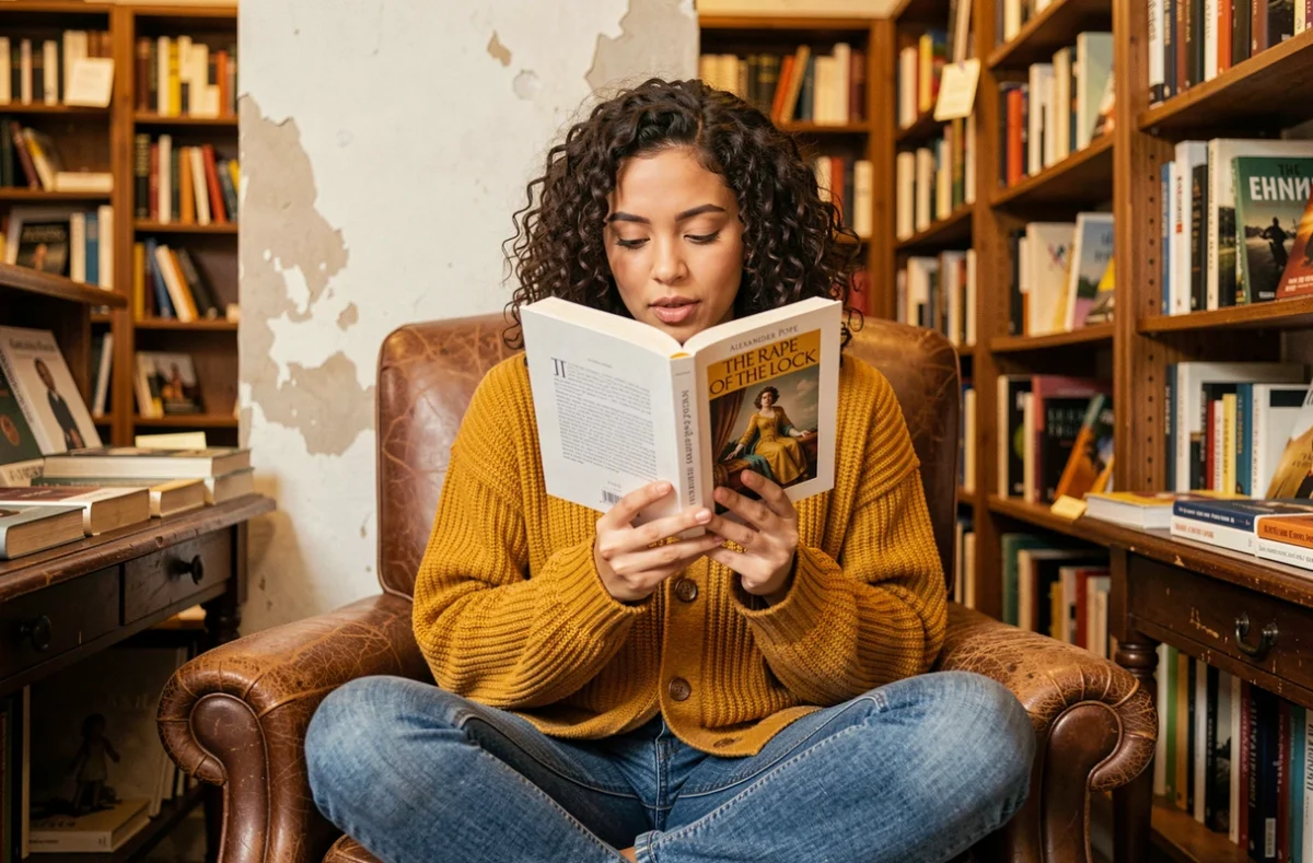 Jeune femme lisant à voix haute La Boucle de cheveux enlevée d'Alexander Pope dans une librairie indépendante