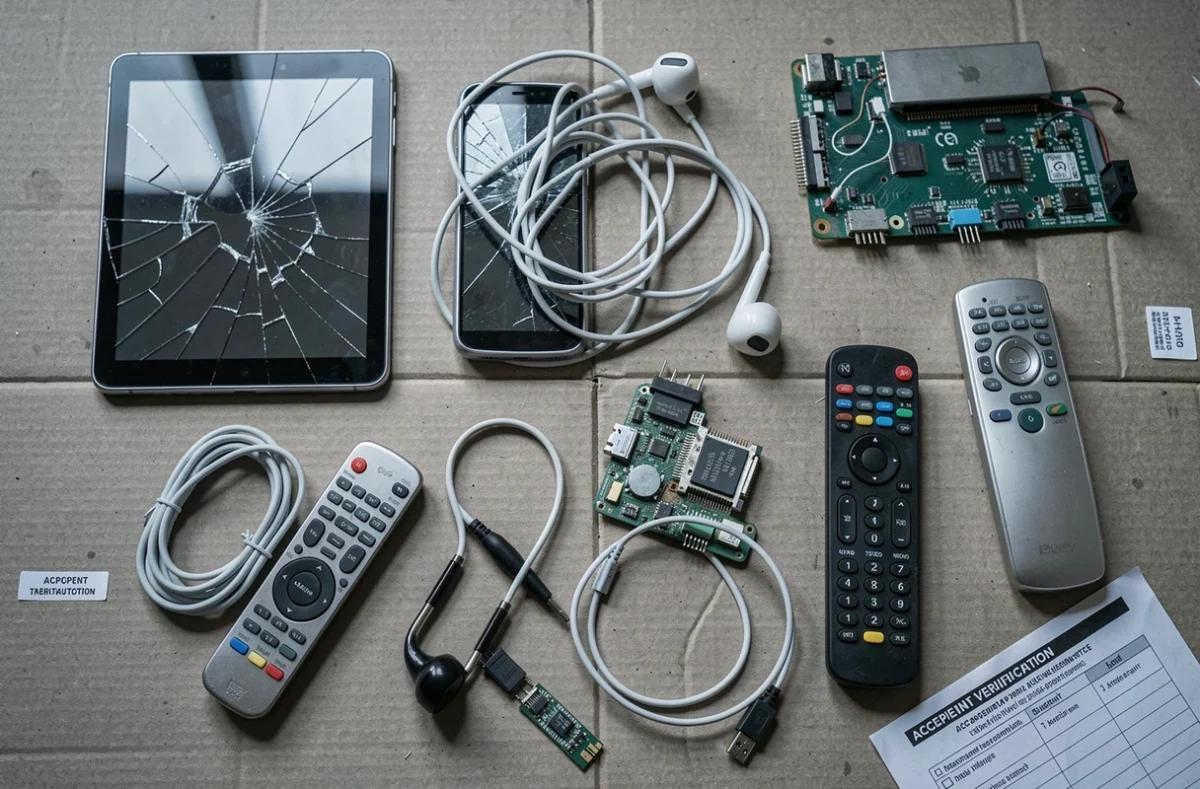 Vue aérienne de déchets électroniques variés avec une liste de vérification des appareils acceptés en déchetterie