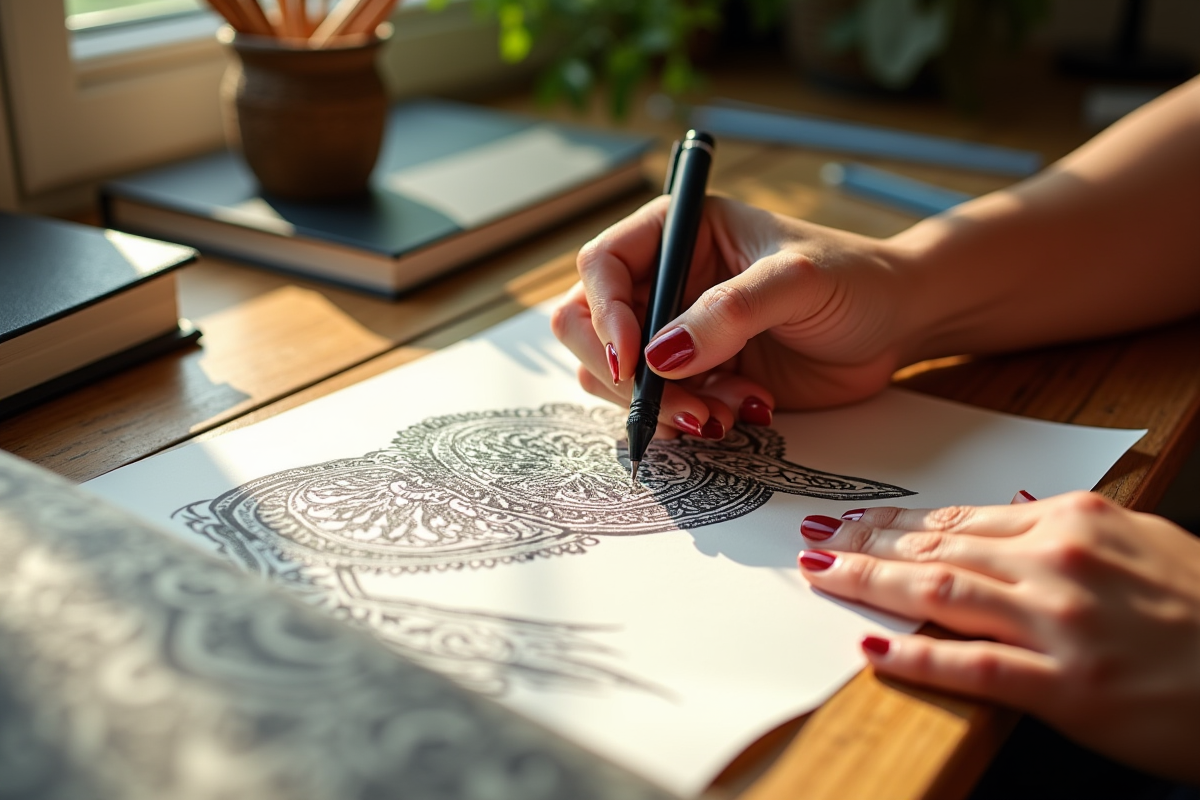 Main de femme traçant un pochoir de tatouage Maori sur papier