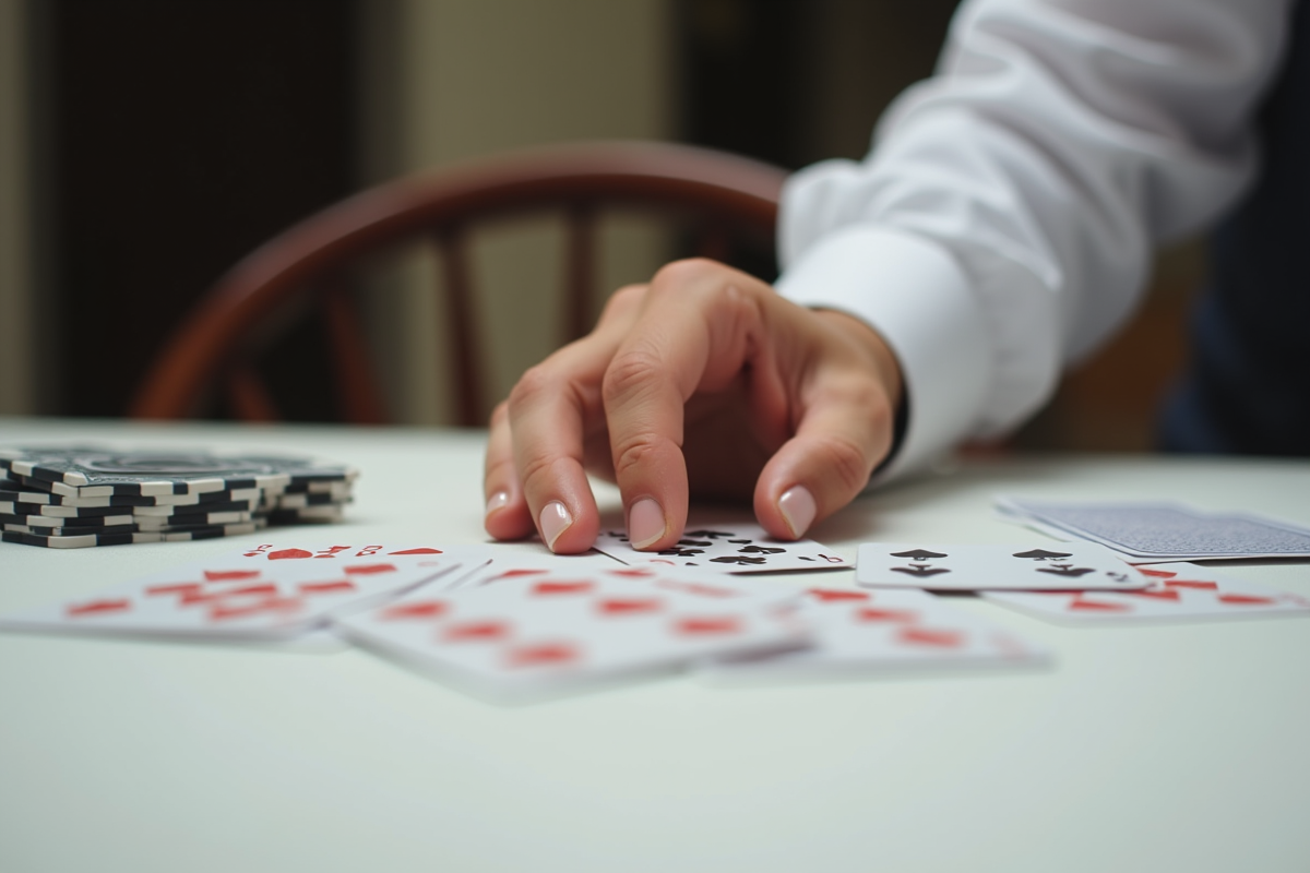 Main posant une carte lors d une partie de crapette sur une table blanche