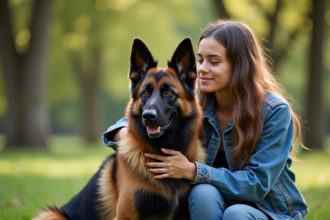 Chien Malinois belge assis avec une femme dans un parc