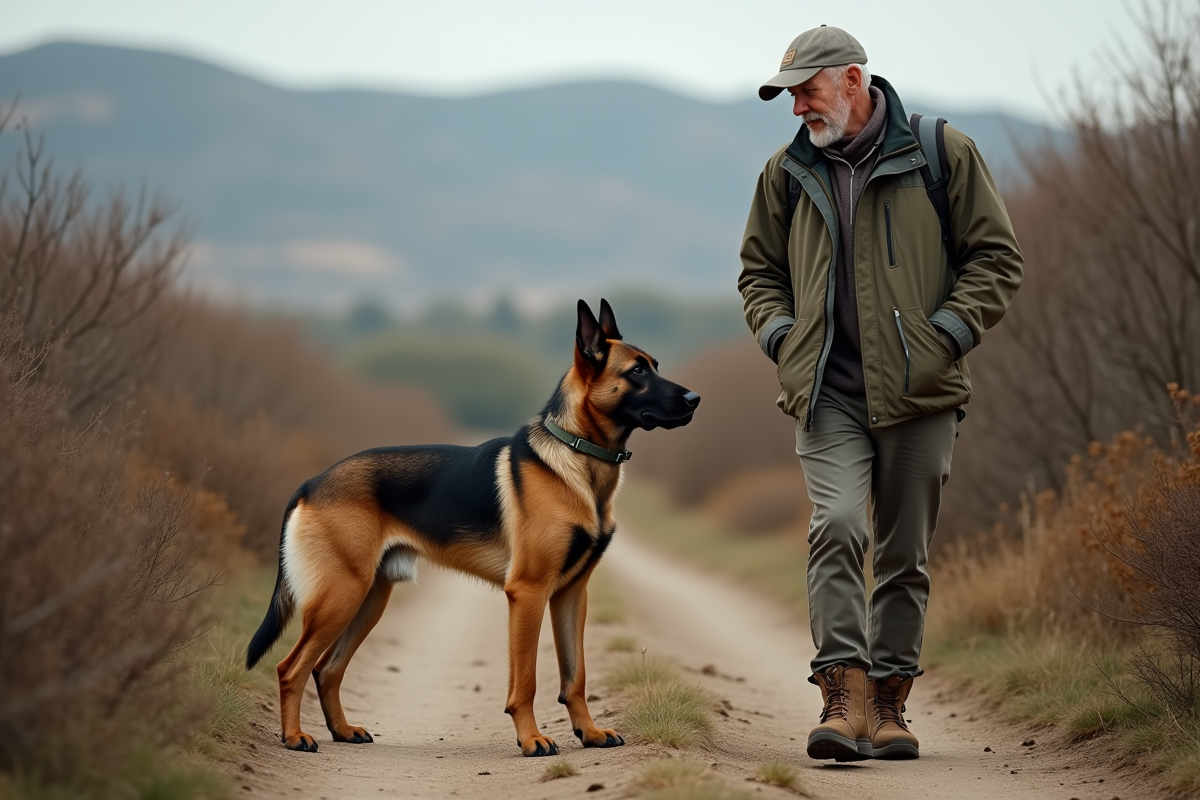 Chien Malinois en randonnée avec un homme dans la nature