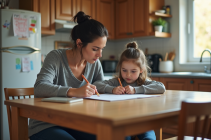 Mère et fille aidant aux devoirs dans la cuisine lumineuse
