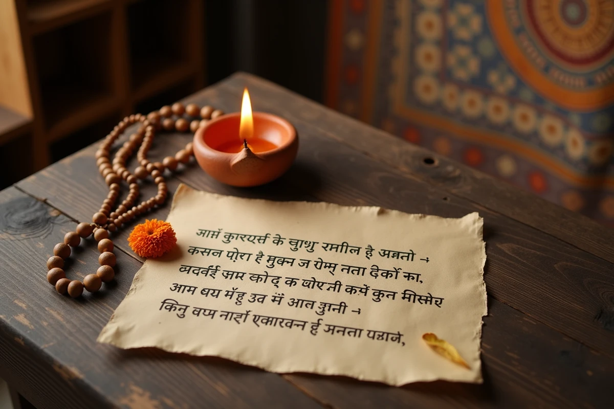 Gros plan sur un mantra écrit en sanskrit sur papier, chapelet mala en bois et lampe à huile sur surface en bois ancien