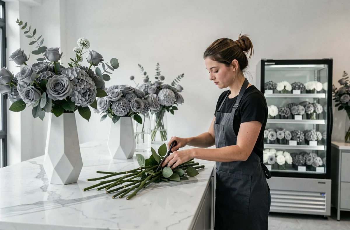 Fleuriste moderne chez Milroses à Périgueux préparant des roses longues tiges sur un comptoir en marbre dans un décor épuré