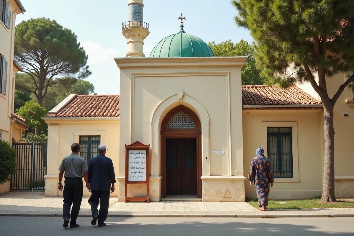 Façade d'une mosquée à Béziers avec des fidèles se préparant pour la prière du vendredi
