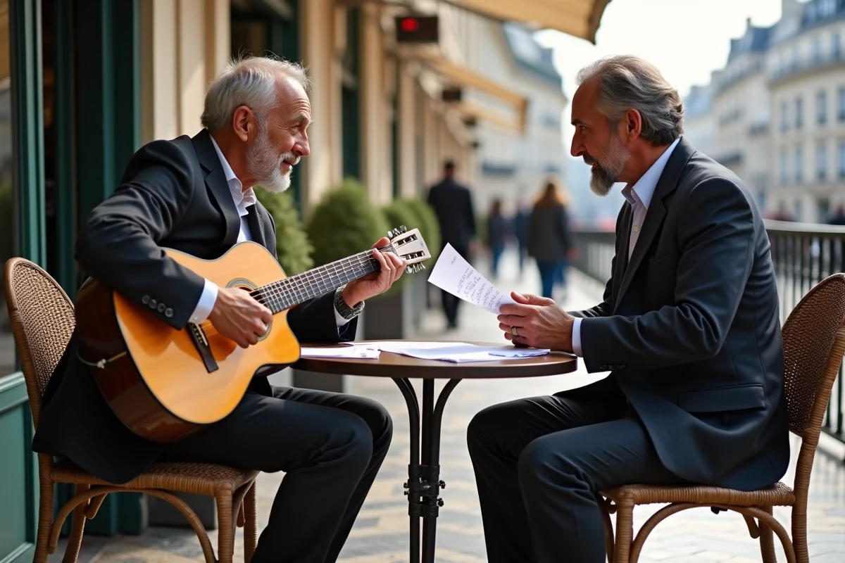 Deux musiciens français en terrasse de café composant des chansons avec guitare acoustique et paroles manuscrites