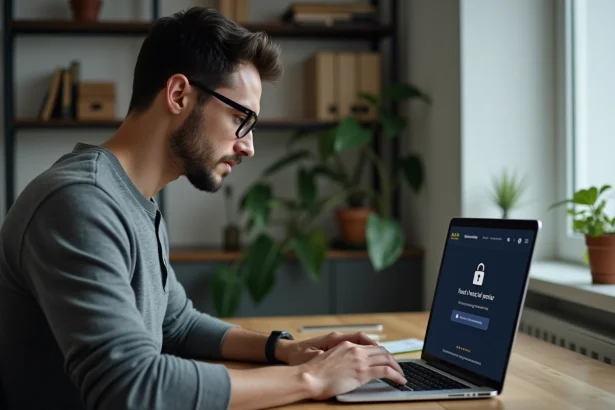 Homme regardant un message d'erreur de site bloqué sur son navigateur depuis un bureau à domicile