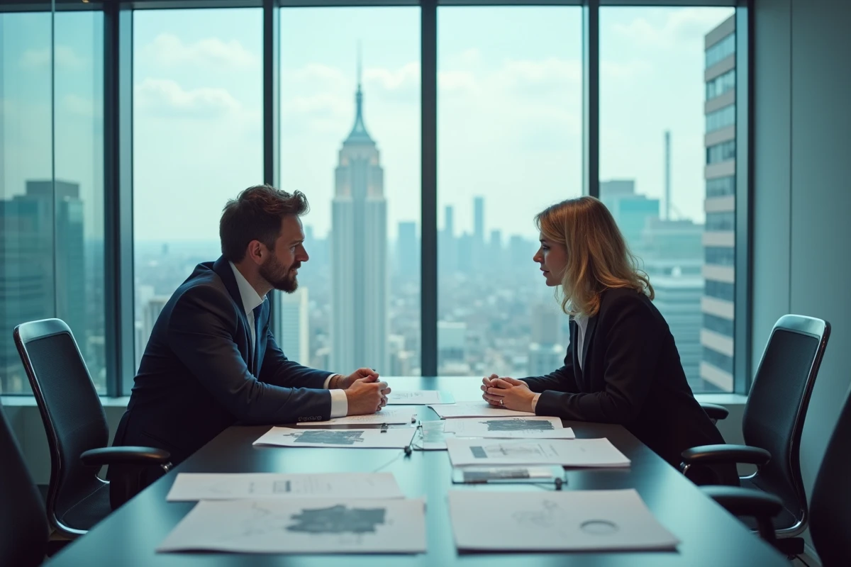 Deux professionnels du cinéma en réunion de négociation autour de contrats de studio, symbolisant les discussions entre Sony Pictures et Marvel Studios autour d'Amazing Spider-Man 3