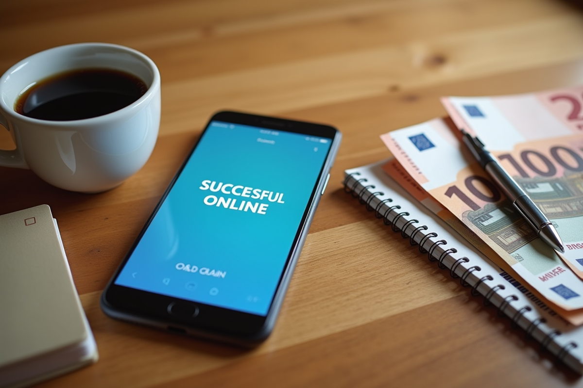 Smartphone affichant une notification de paiement avec billets euro